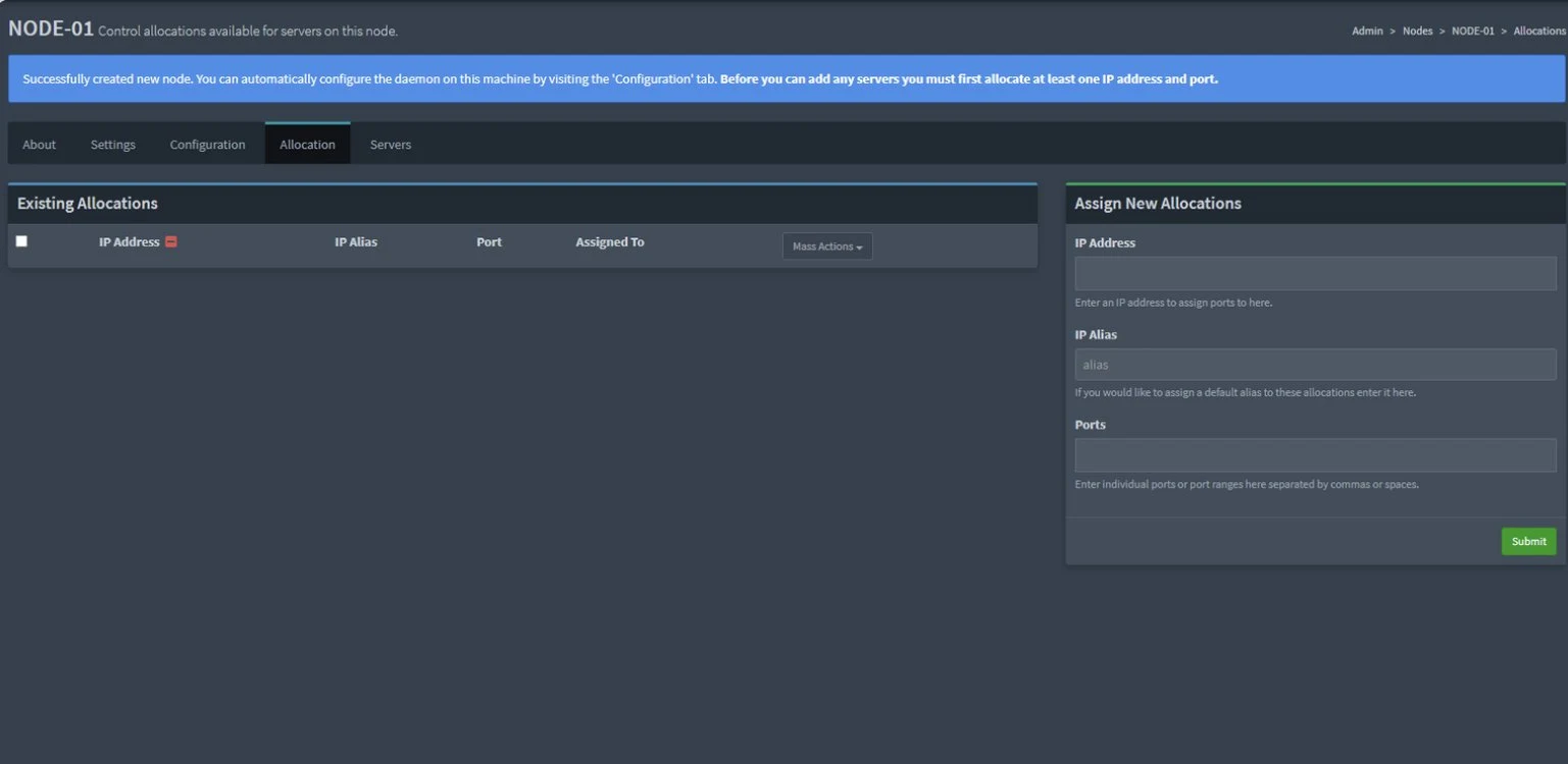 Configuration des allocations sur le node Pterodactyl