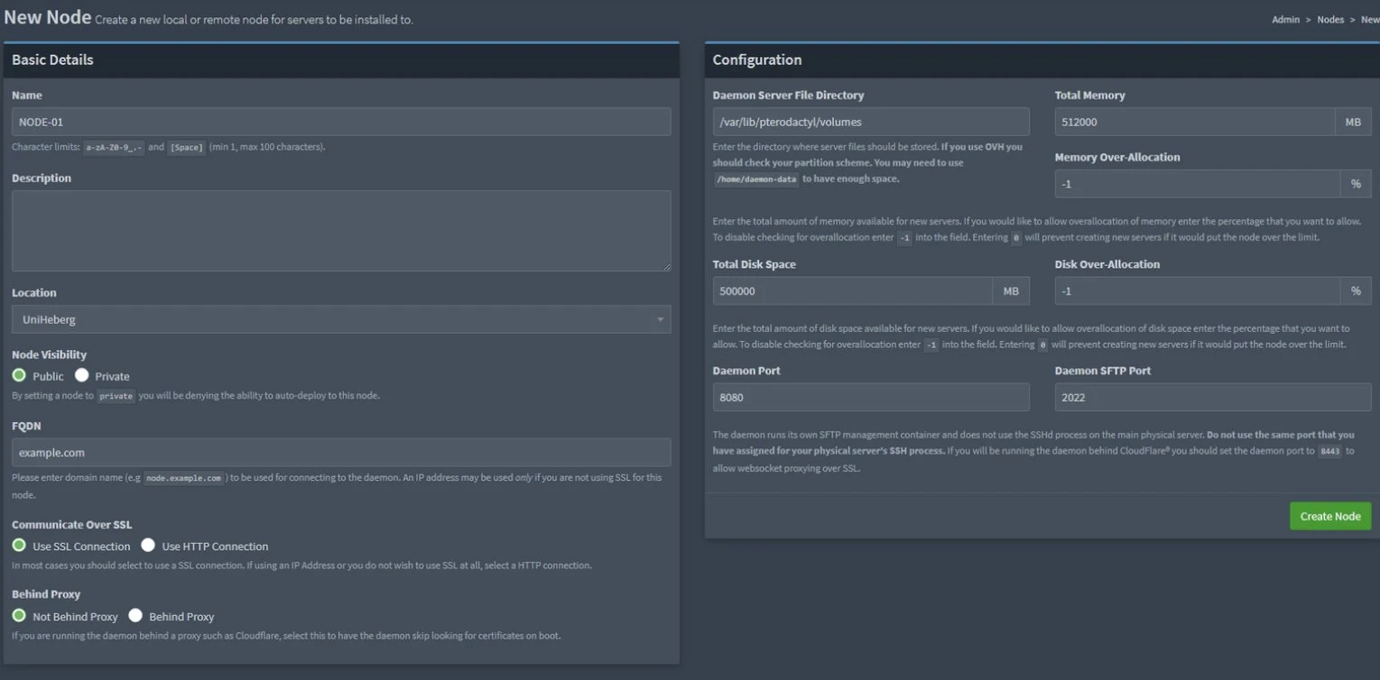 Création d'un node Pterodactyl — configuration Basic Details et Configuration